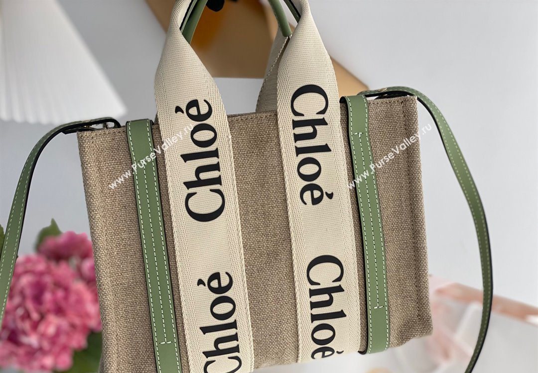 Chloe Small Woody Tote Bag in Linen Canvas and Calfskin Leather Light Green 2025 1120 (DLA-251120085)