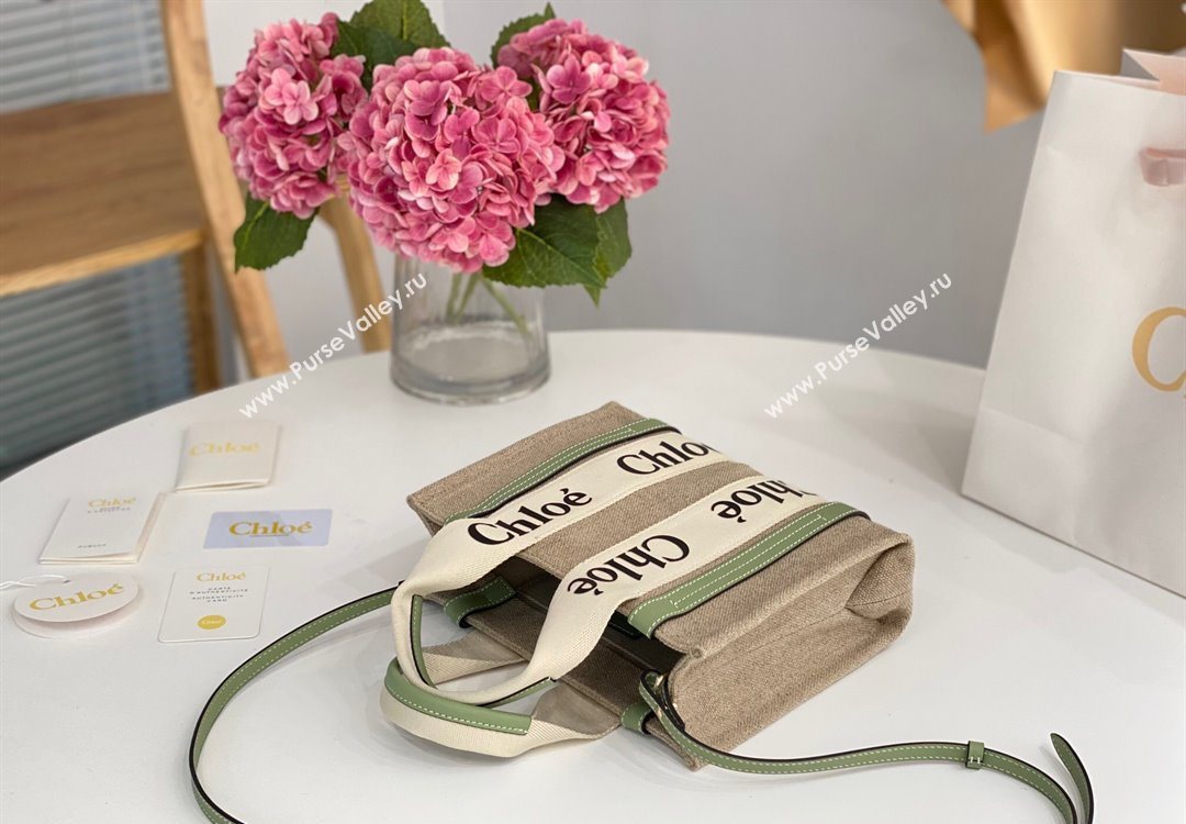 Chloe Small Woody Tote Bag in Linen Canvas and Calfskin Leather Light Green 2025 1120 (DLA-251120085)