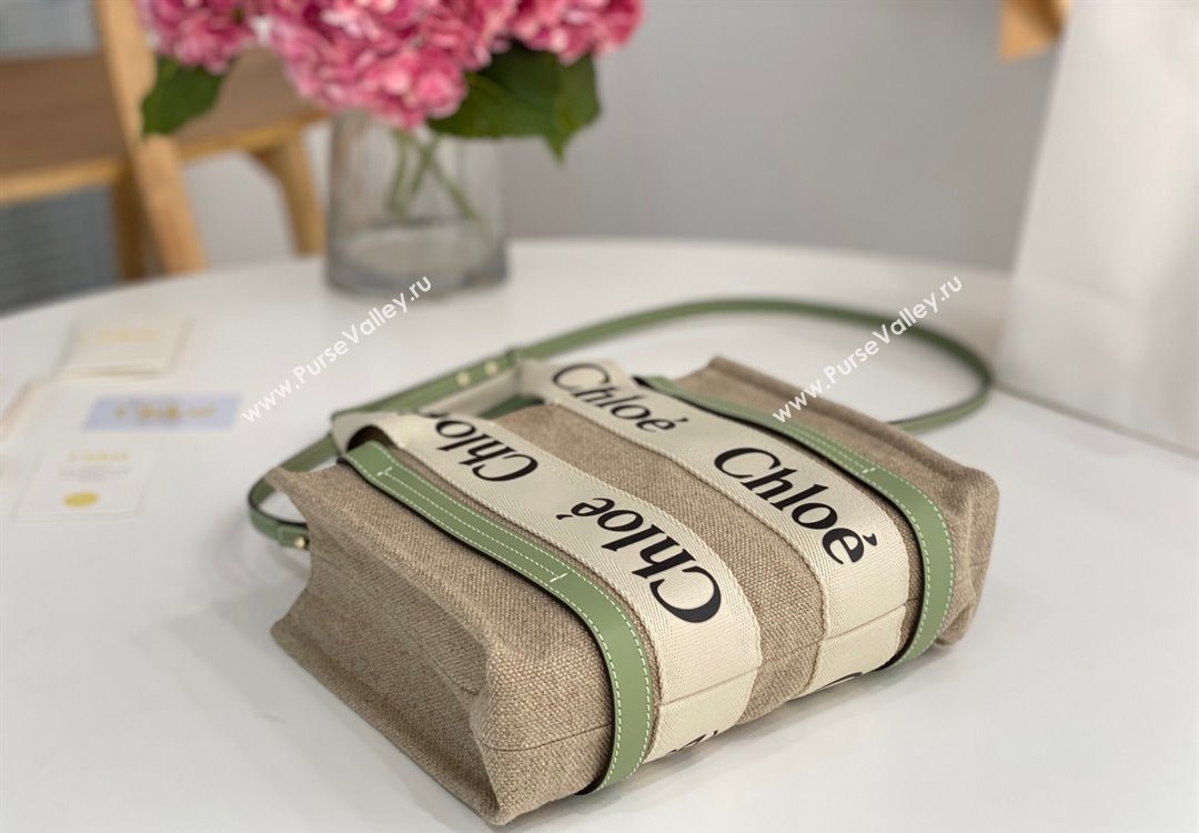 Chloe Small Woody Tote Bag in Linen Canvas and Calfskin Leather Light Green 2025 1120 (DLA-251120085)