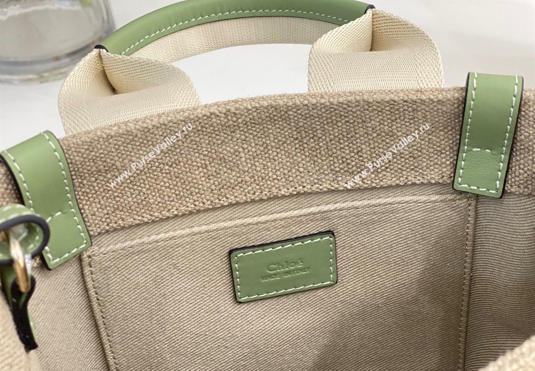 Chloe Small Woody Tote Bag in Linen Canvas and Calfskin Leather Light Green 2025 1120 (DLA-251120085)