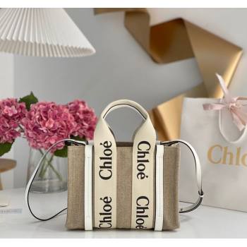 Chloe Small Woody Tote Bag in Linen Canvas and Calfskin Leather White 2025 1120 (DLA-251120086)
