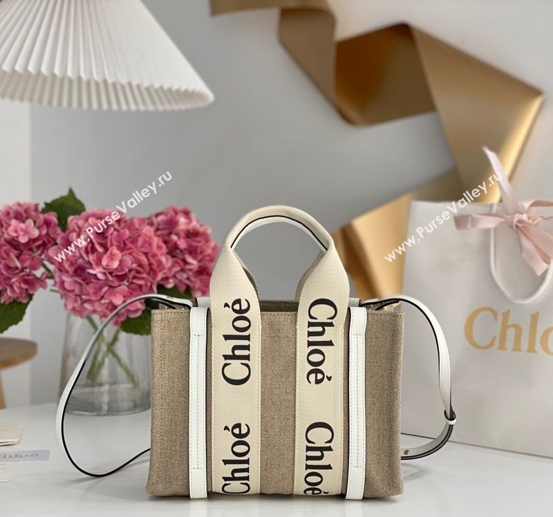 Chloe Small Woody Tote Bag in Linen Canvas and Calfskin Leather White 2025 1120 (DLA-251120086)