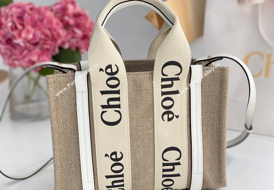 Chloe Small Woody Tote Bag in Linen Canvas and Calfskin Leather White 2025 1120 (DLA-251120086)