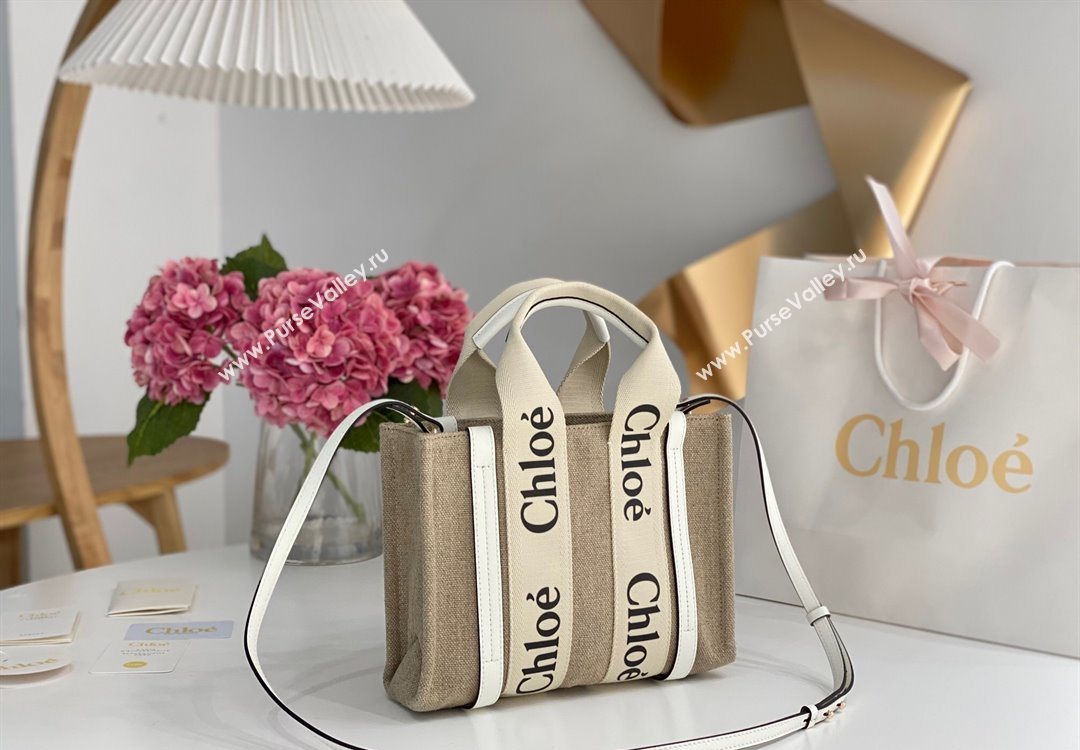 Chloe Small Woody Tote Bag in Linen Canvas and Calfskin Leather White 2025 1120 (DLA-251120086)
