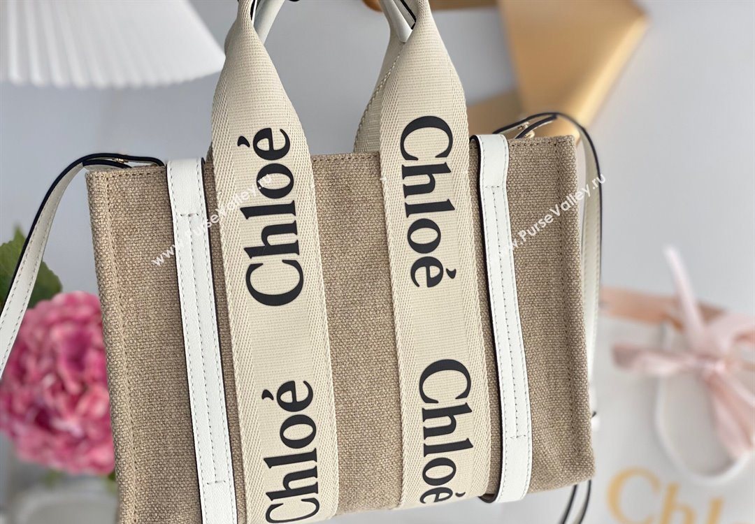 Chloe Small Woody Tote Bag in Linen Canvas and Calfskin Leather White 2025 1120 (DLA-251120086)