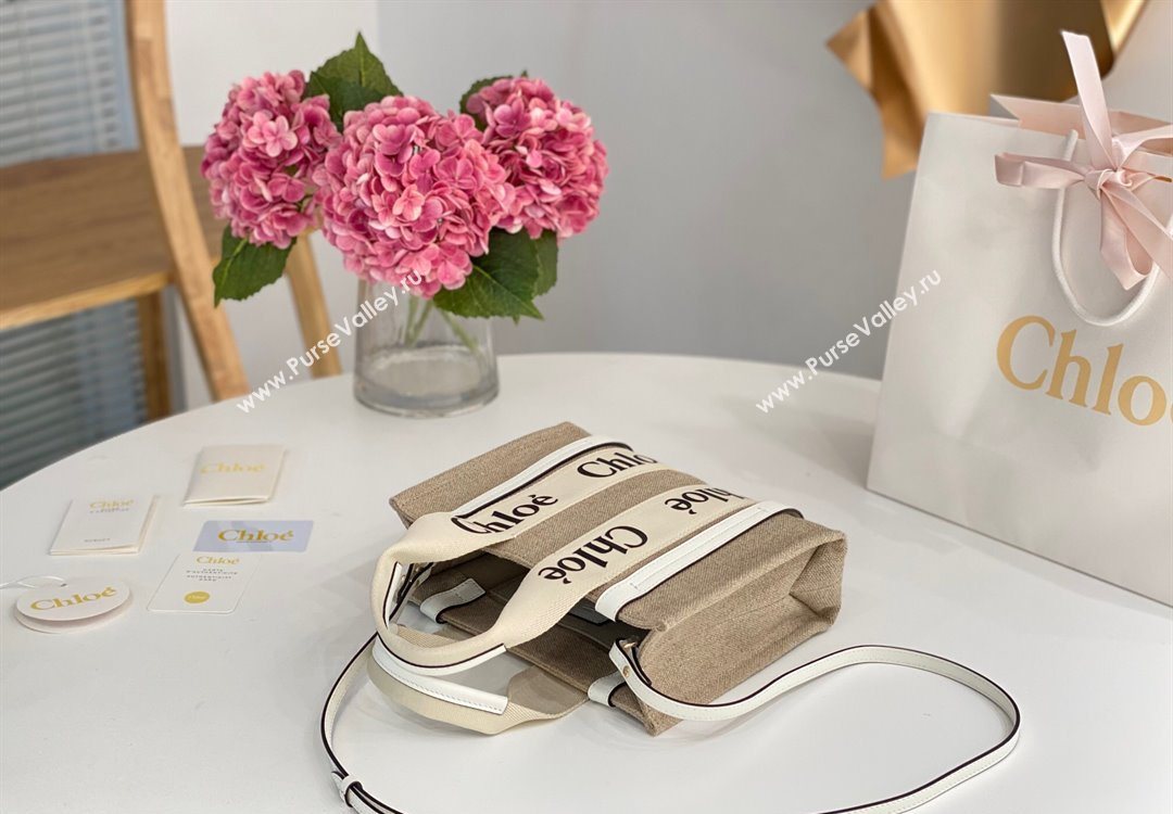 Chloe Small Woody Tote Bag in Linen Canvas and Calfskin Leather White 2025 1120 (DLA-251120086)