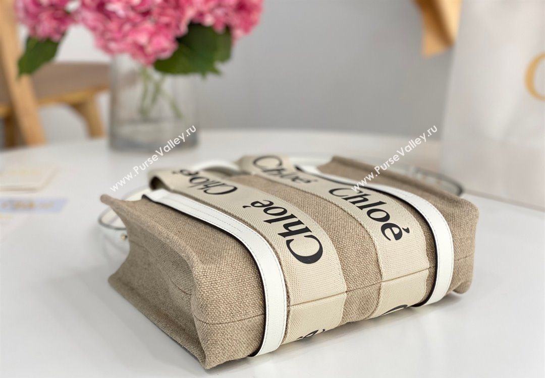 Chloe Small Woody Tote Bag in Linen Canvas and Calfskin Leather White 2025 1120 (DLA-251120086)