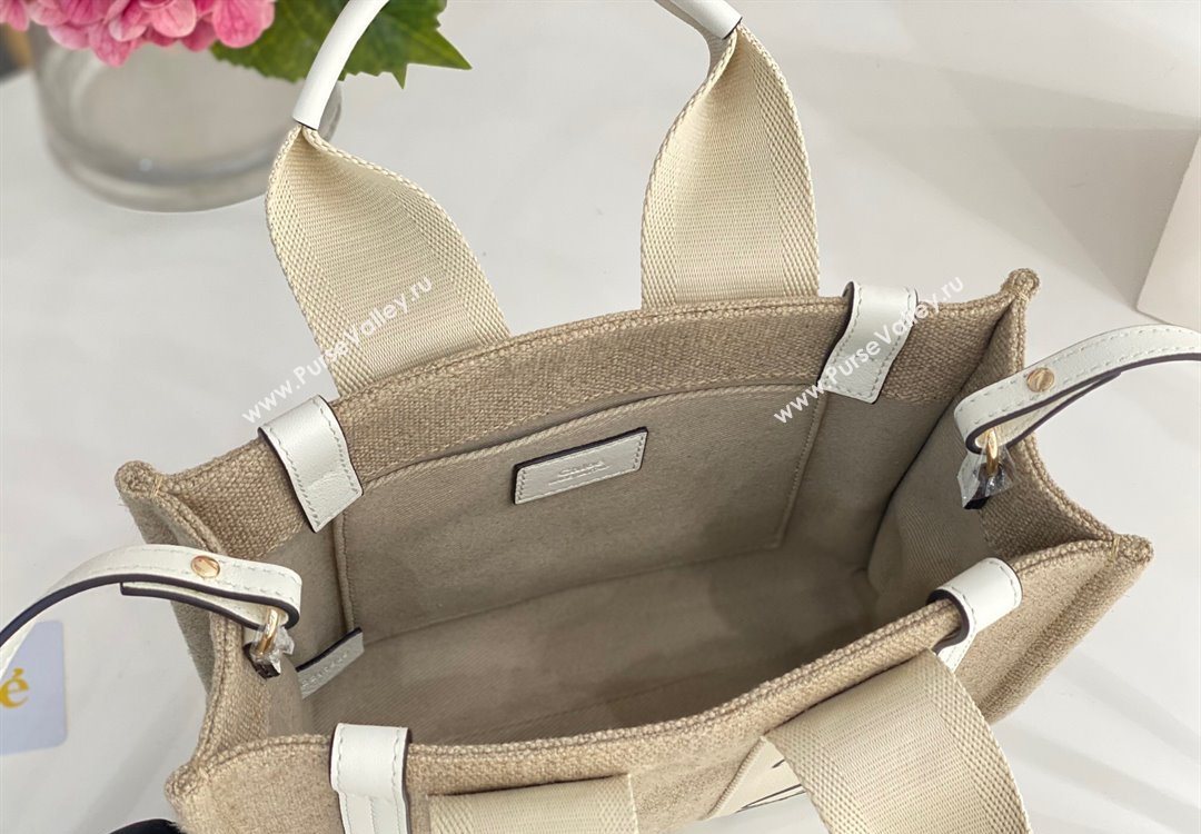 Chloe Small Woody Tote Bag in Linen Canvas and Calfskin Leather White 2025 1120 (DLA-251120086)