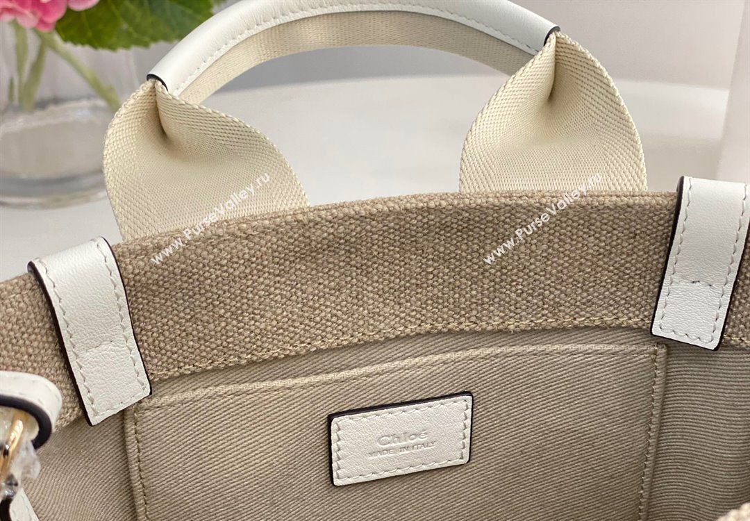 Chloe Small Woody Tote Bag in Linen Canvas and Calfskin Leather White 2025 1120 (DLA-251120086)