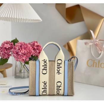 Chloe Small Woody Tote Bag in Linen Canvas and Calfskin Leather Light Blue 2025 1120 (DLA-251120087)