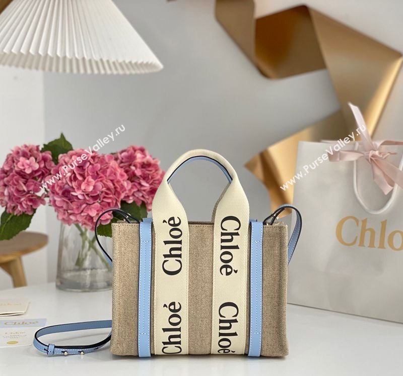 Chloe Small Woody Tote Bag in Linen Canvas and Calfskin Leather Light Blue 2025 1120 (DLA-251120087)