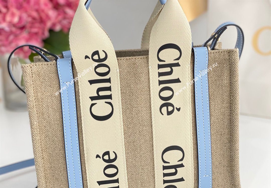 Chloe Small Woody Tote Bag in Linen Canvas and Calfskin Leather Light Blue 2025 1120 (DLA-251120087)