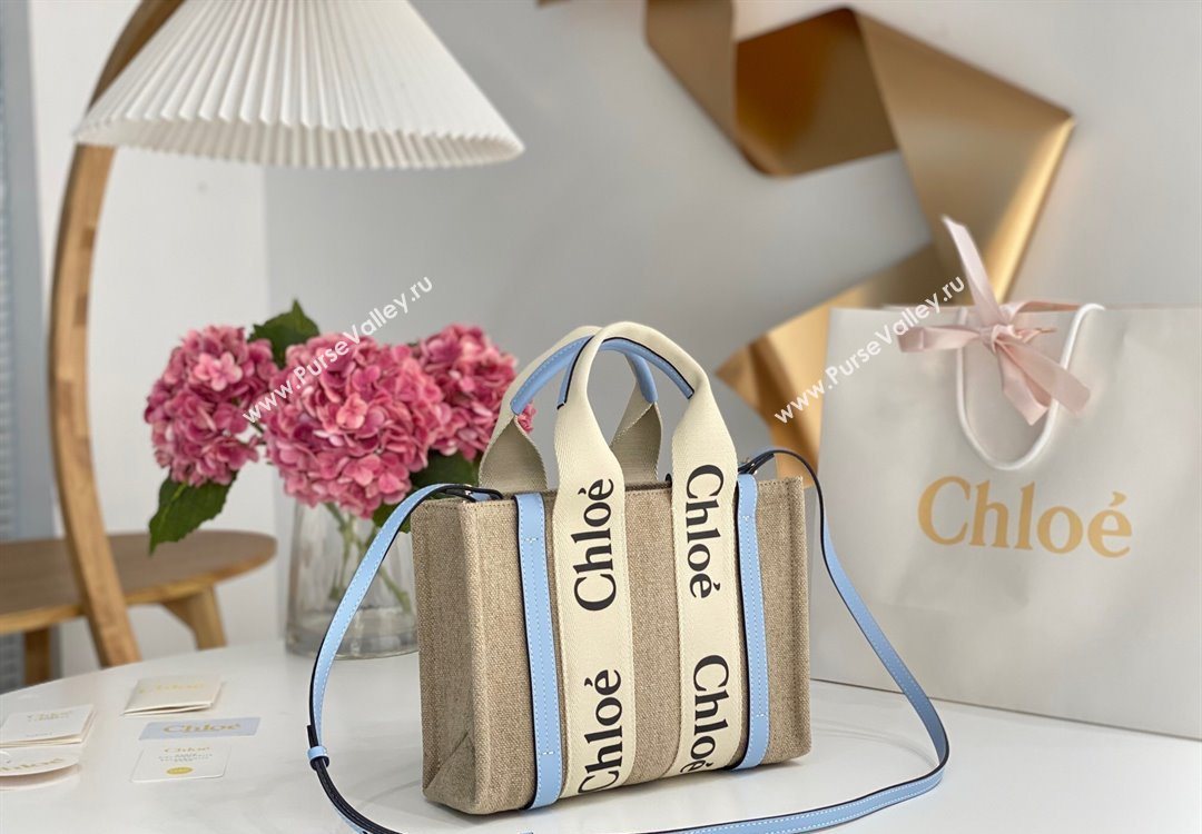 Chloe Small Woody Tote Bag in Linen Canvas and Calfskin Leather Light Blue 2025 1120 (DLA-251120087)
