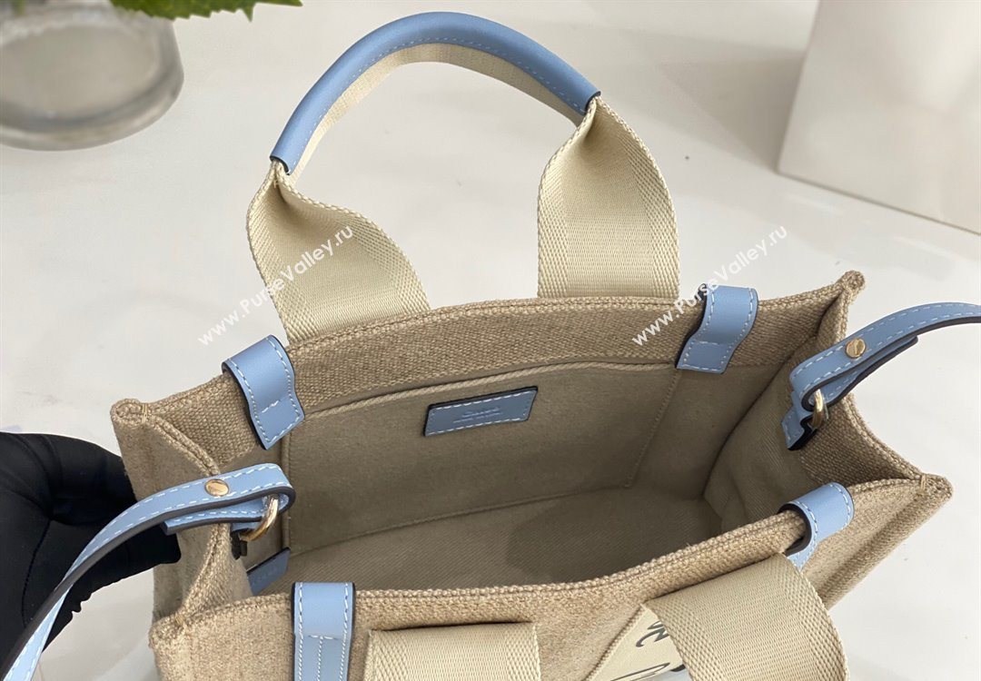 Chloe Small Woody Tote Bag in Linen Canvas and Calfskin Leather Light Blue 2025 1120 (DLA-251120087)