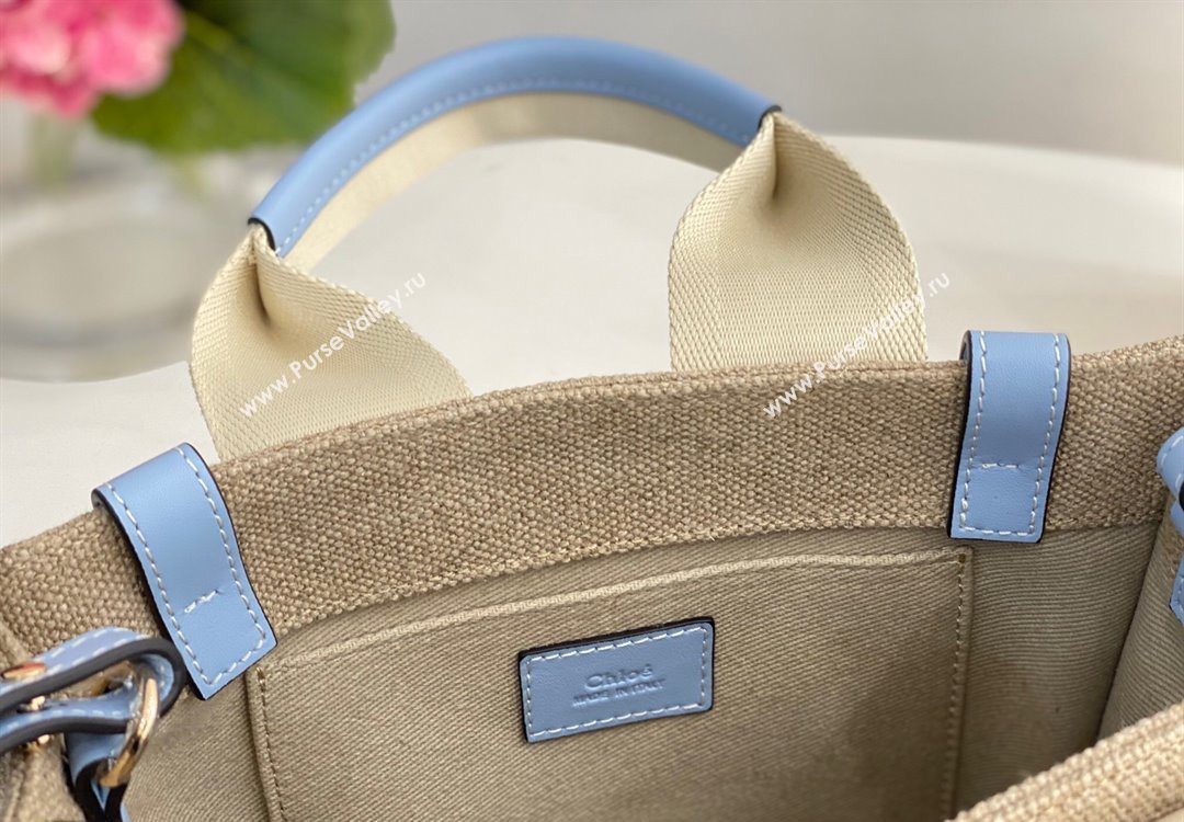 Chloe Small Woody Tote Bag in Linen Canvas and Calfskin Leather Light Blue 2025 1120 (DLA-251120087)