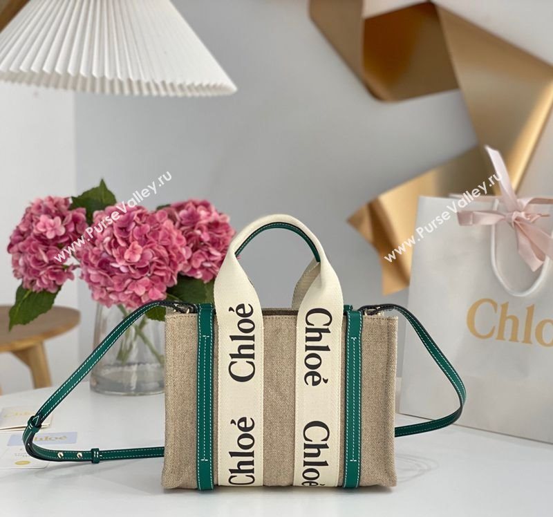 Chloe Small Woody Tote Bag in Linen Canvas and Calfskin Leather Dark Green 2025 1120 (DLA-251120088)