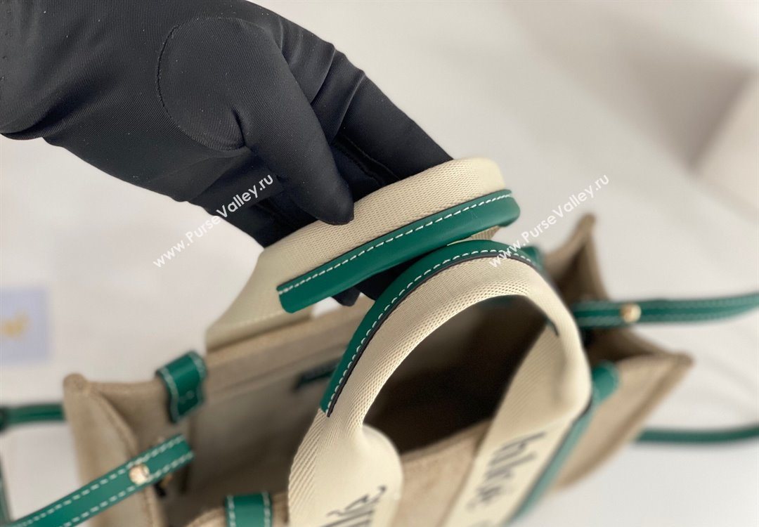 Chloe Small Woody Tote Bag in Linen Canvas and Calfskin Leather Dark Green 2025 1120 (DLA-251120088)