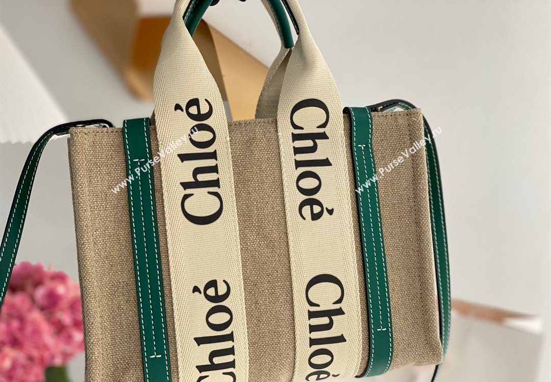 Chloe Small Woody Tote Bag in Linen Canvas and Calfskin Leather Dark Green 2025 1120 (DLA-251120088)