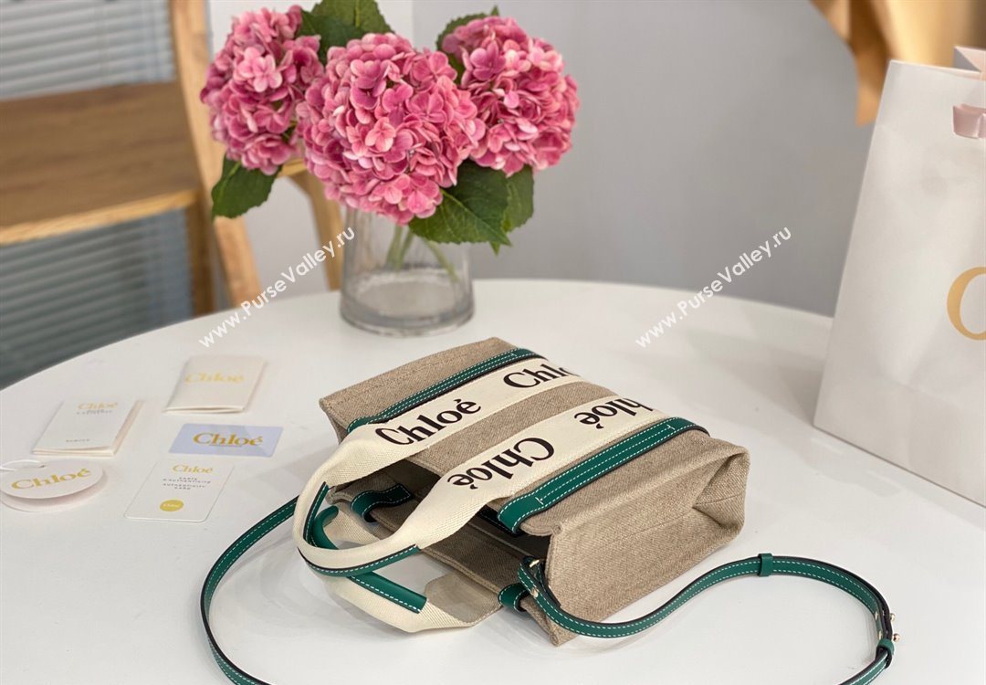 Chloe Small Woody Tote Bag in Linen Canvas and Calfskin Leather Dark Green 2025 1120 (DLA-251120088)