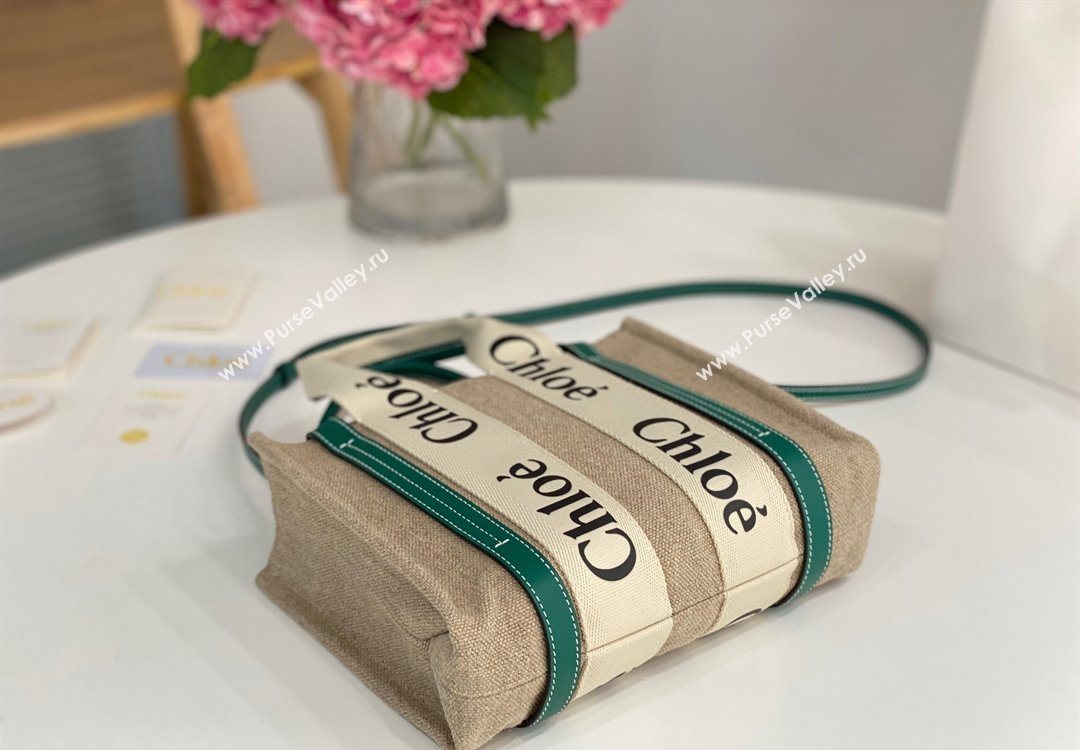 Chloe Small Woody Tote Bag in Linen Canvas and Calfskin Leather Dark Green 2025 1120 (DLA-251120088)