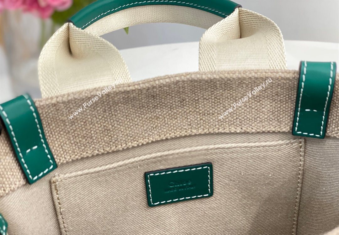Chloe Small Woody Tote Bag in Linen Canvas and Calfskin Leather Dark Green 2025 1120 (DLA-251120088)