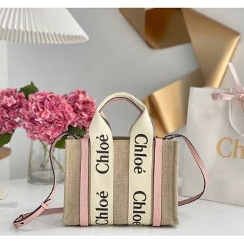 Chloe Small Woody Tote Bag in Linen Canvas and Calfskin Leather Light Pink 2025 1120 (DLA-251120089)