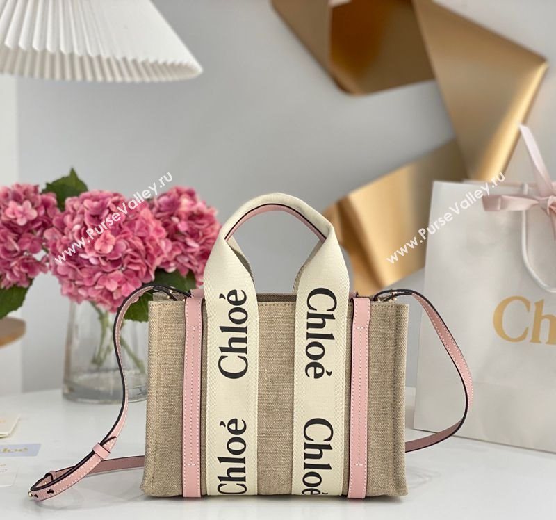 Chloe Small Woody Tote Bag in Linen Canvas and Calfskin Leather Light Pink 2025 1120 (DLA-251120089)