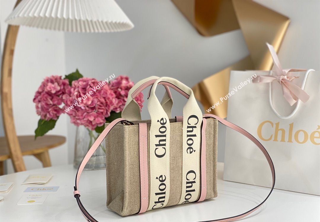 Chloe Small Woody Tote Bag in Linen Canvas and Calfskin Leather Light Pink 2025 1120 (DLA-251120089)