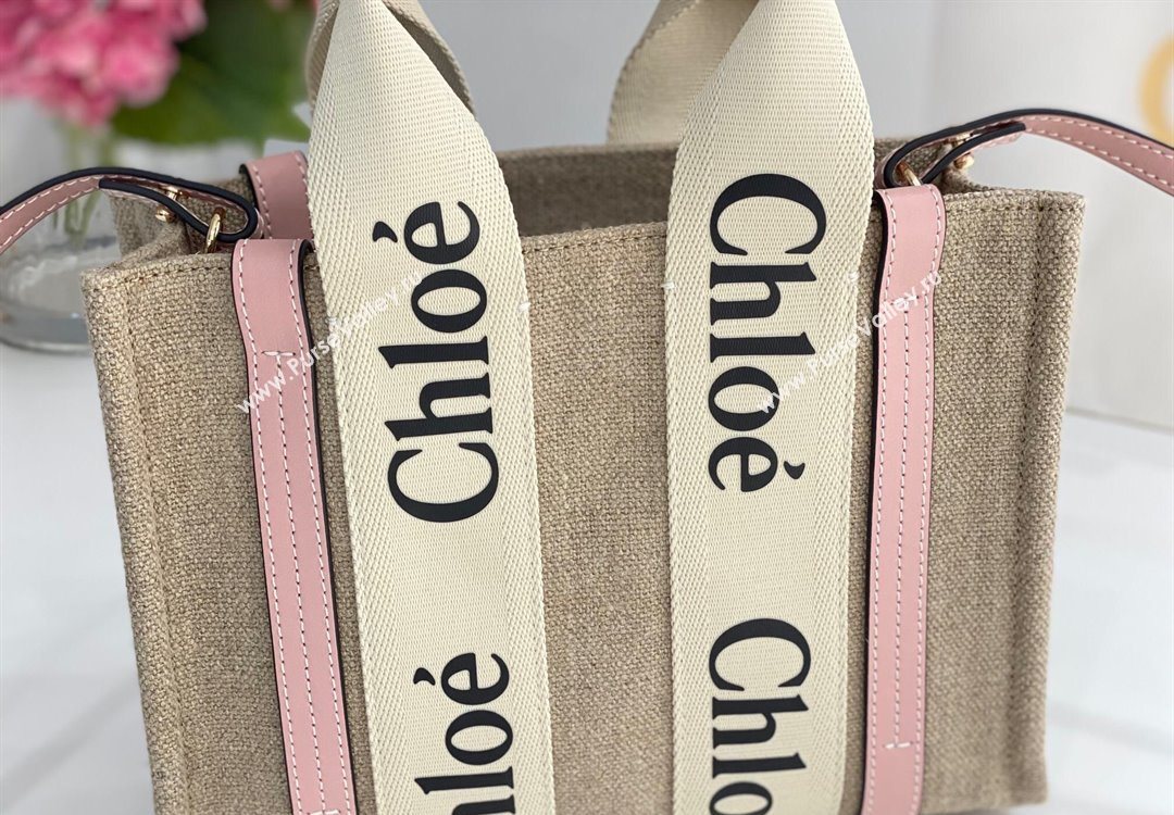 Chloe Small Woody Tote Bag in Linen Canvas and Calfskin Leather Light Pink 2025 1120 (DLA-251120089)