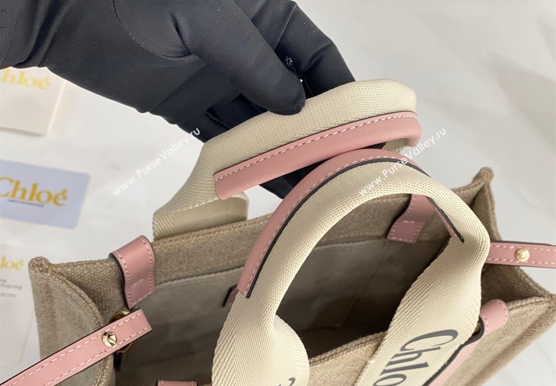 Chloe Small Woody Tote Bag in Linen Canvas and Calfskin Leather Light Pink 2025 1120 (DLA-251120089)