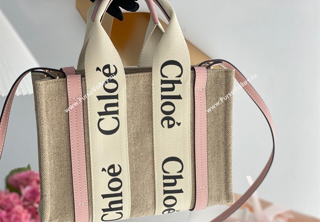 Chloe Small Woody Tote Bag in Linen Canvas and Calfskin Leather Light Pink 2025 1120 (DLA-251120089)