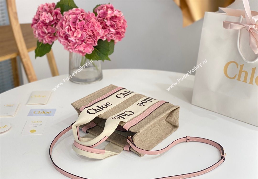 Chloe Small Woody Tote Bag in Linen Canvas and Calfskin Leather Light Pink 2025 1120 (DLA-251120089)
