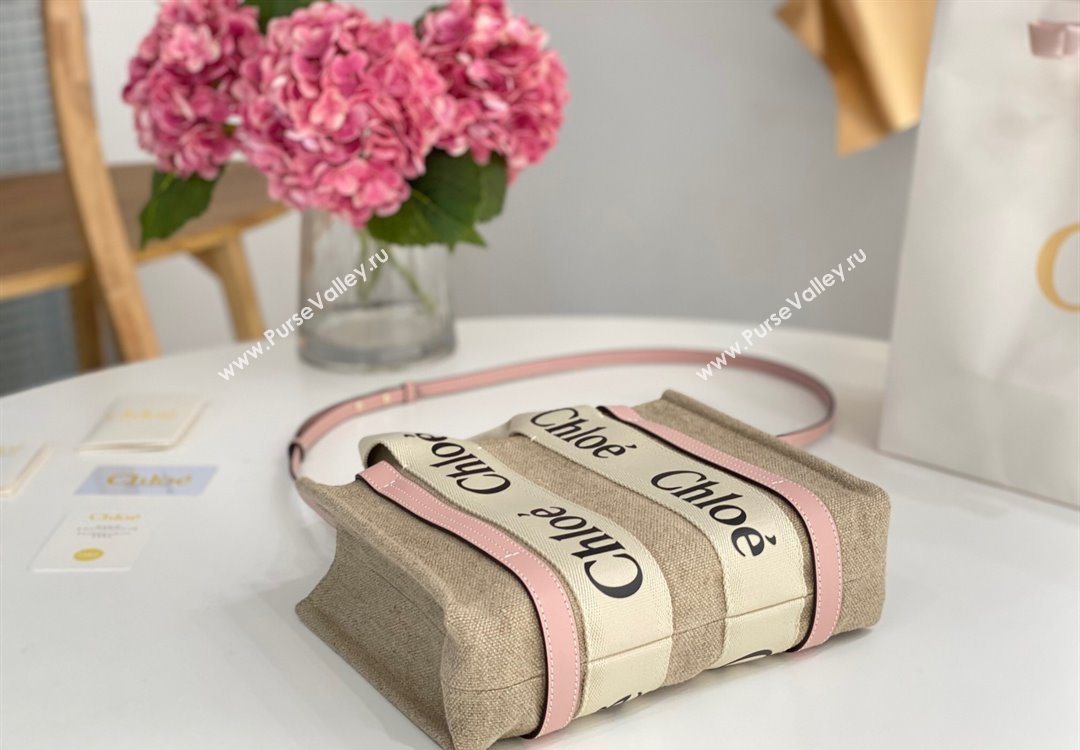 Chloe Small Woody Tote Bag in Linen Canvas and Calfskin Leather Light Pink 2025 1120 (DLA-251120089)