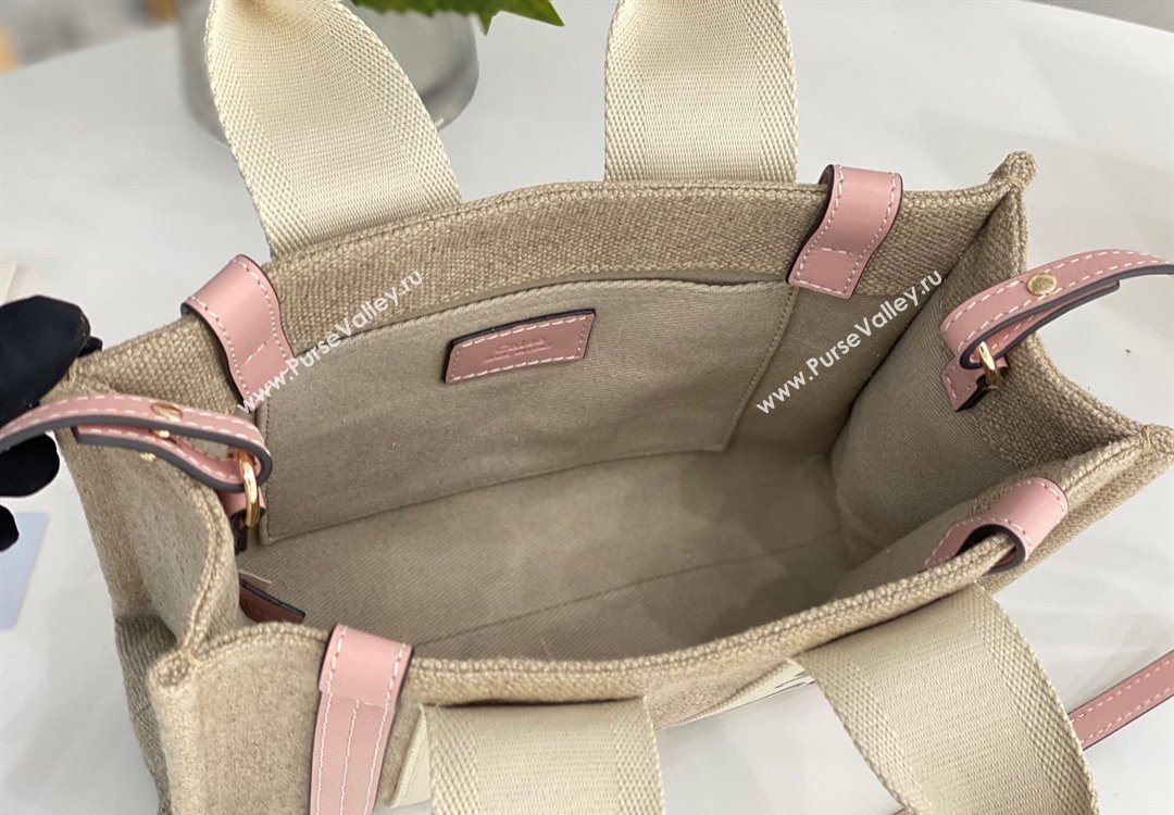 Chloe Small Woody Tote Bag in Linen Canvas and Calfskin Leather Light Pink 2025 1120 (DLA-251120089)
