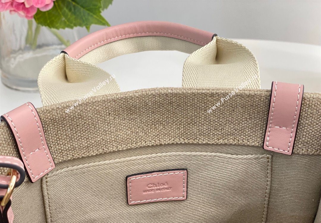 Chloe Small Woody Tote Bag in Linen Canvas and Calfskin Leather Light Pink 2025 1120 (DLA-251120089)