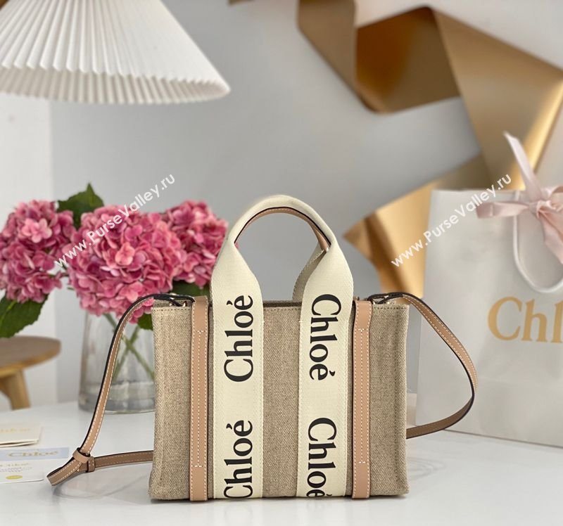 Chloe Small Woody Tote Bag in Linen Canvas and Calfskin Leather Beige 2025 1120 (DLA-251120090)