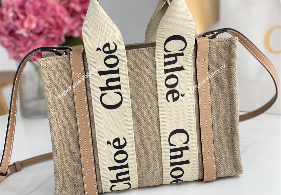 Chloe Small Woody Tote Bag in Linen Canvas and Calfskin Leather Beige 2025 1120 (DLA-251120090)