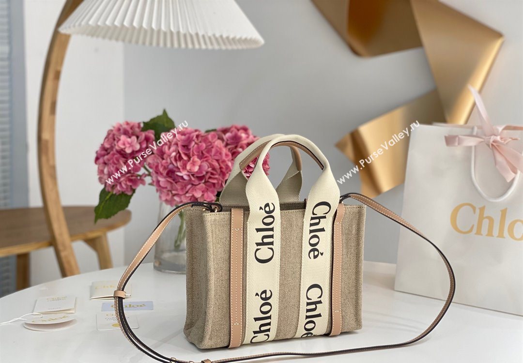 Chloe Small Woody Tote Bag in Linen Canvas and Calfskin Leather Beige 2025 1120 (DLA-251120090)
