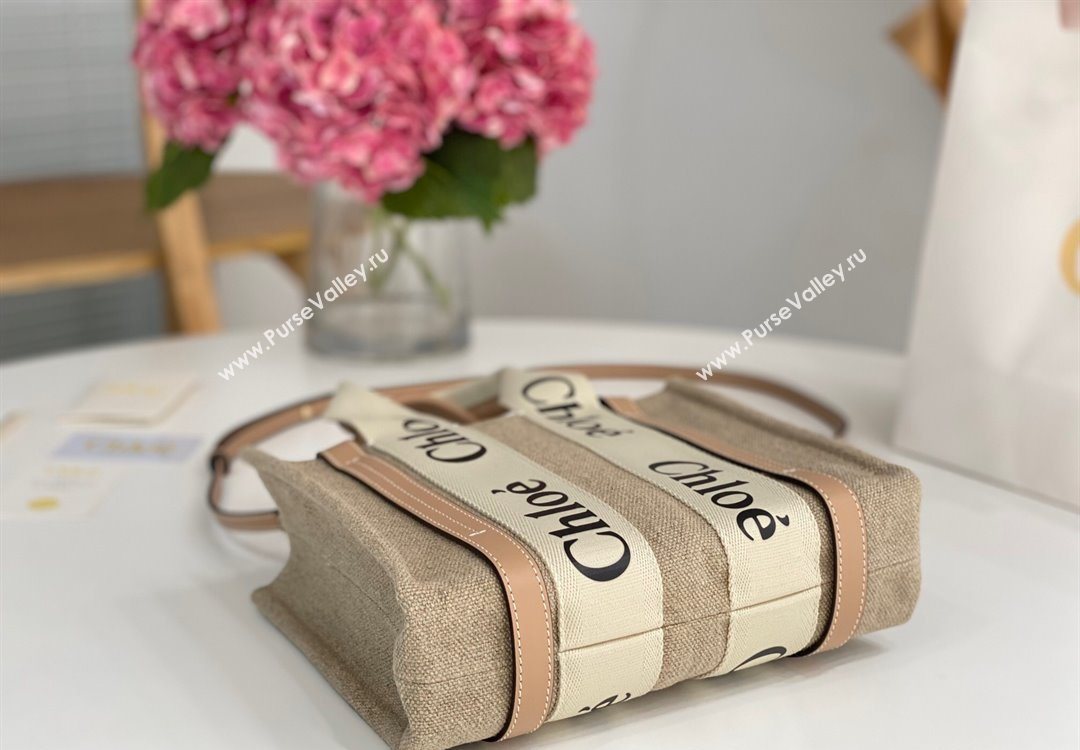 Chloe Small Woody Tote Bag in Linen Canvas and Calfskin Leather Beige 2025 1120 (DLA-251120090)