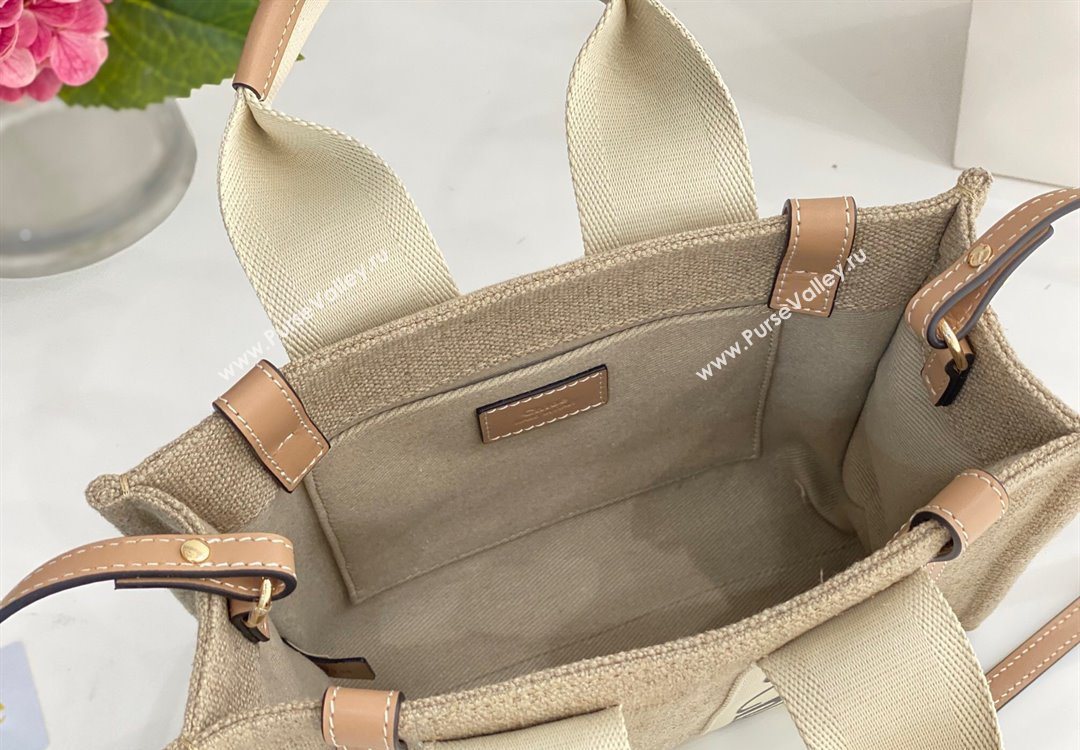 Chloe Small Woody Tote Bag in Linen Canvas and Calfskin Leather Beige 2025 1120 (DLA-251120090)
