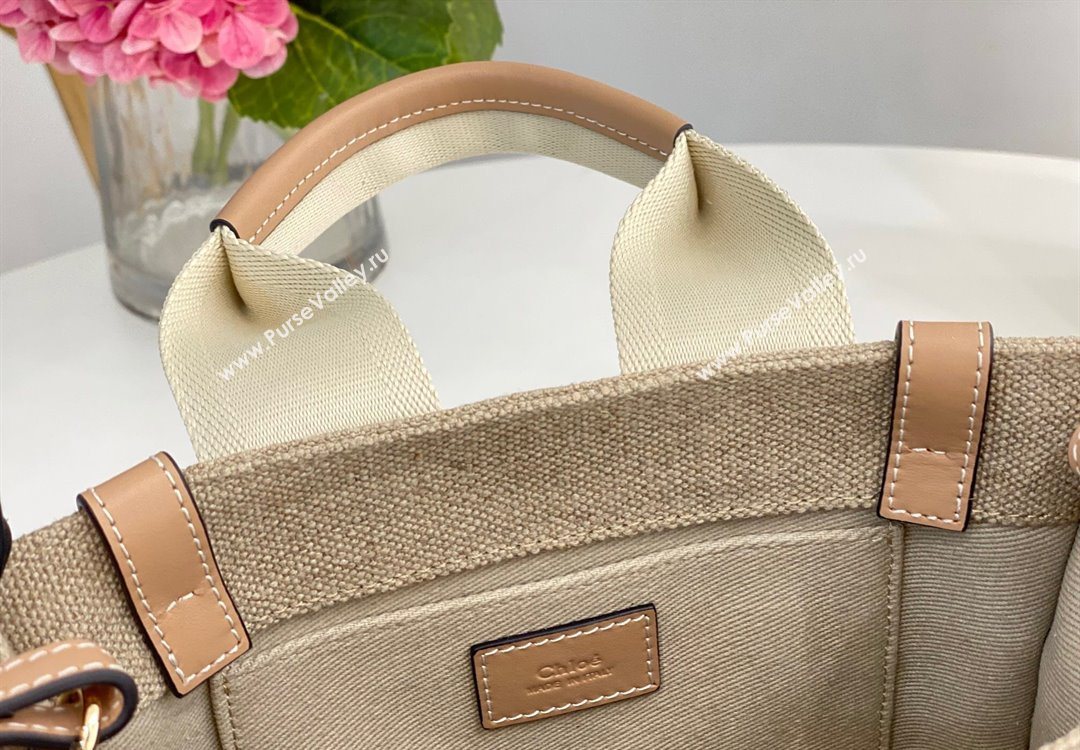 Chloe Small Woody Tote Bag in Linen Canvas and Calfskin Leather Beige 2025 1120 (DLA-251120090)