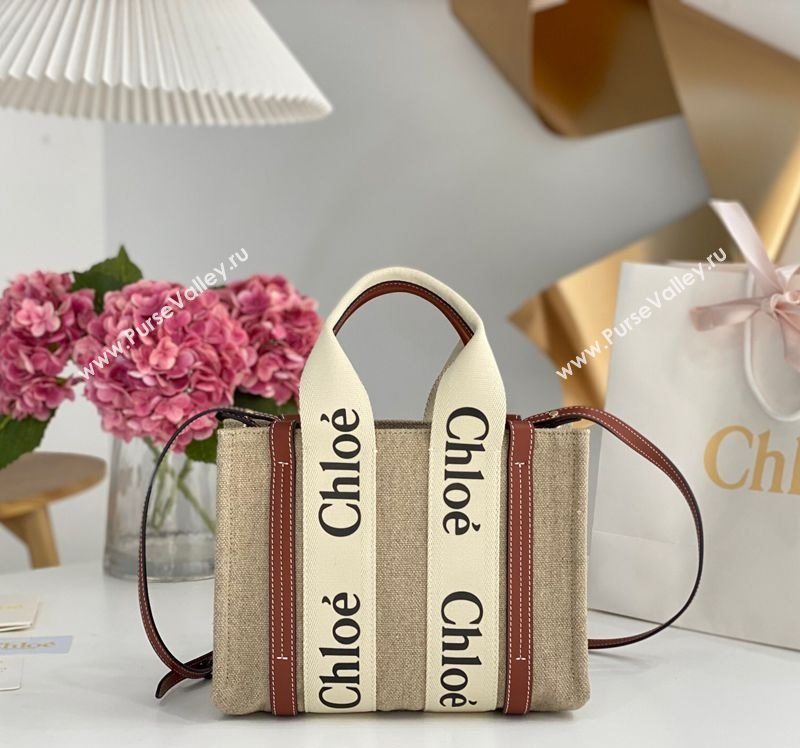 Chloe Small Woody Tote Bag in Linen Canvas and Calfskin Leather Brown 2025 1120 (DLA-251120091)
