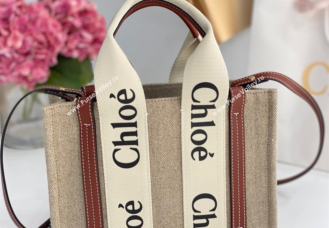 Chloe Small Woody Tote Bag in Linen Canvas and Calfskin Leather Brown 2025 1120 (DLA-251120091)
