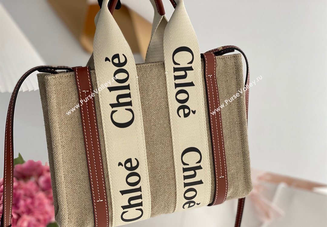 Chloe Small Woody Tote Bag in Linen Canvas and Calfskin Leather Brown 2025 1120 (DLA-251120091)