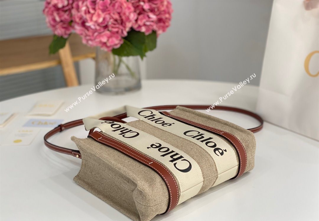 Chloe Small Woody Tote Bag in Linen Canvas and Calfskin Leather Brown 2025 1120 (DLA-251120091)