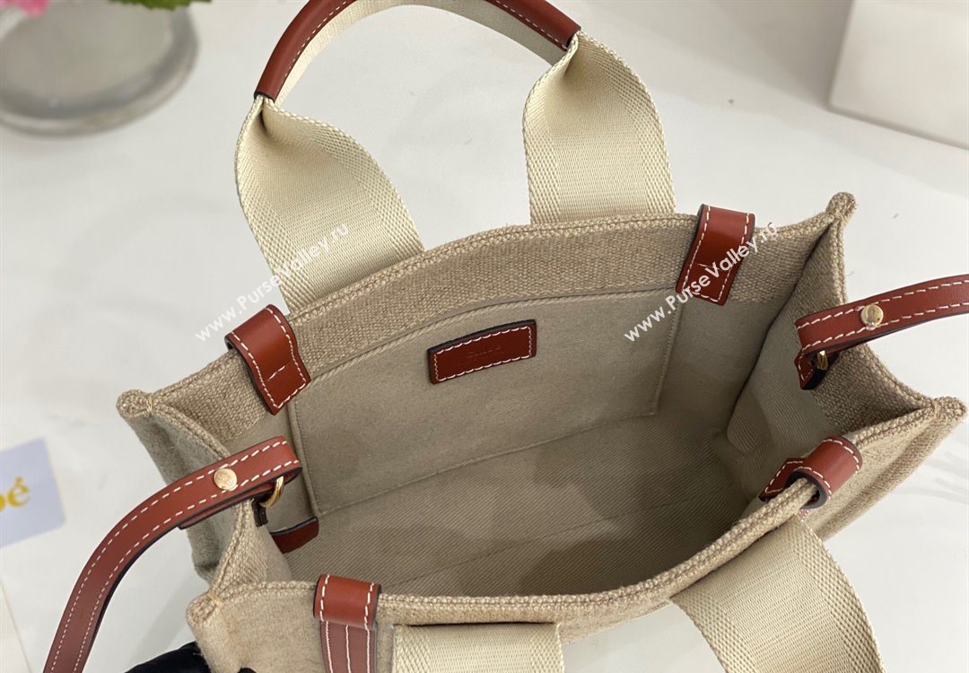Chloe Small Woody Tote Bag in Linen Canvas and Calfskin Leather Brown 2025 1120 (DLA-251120091)