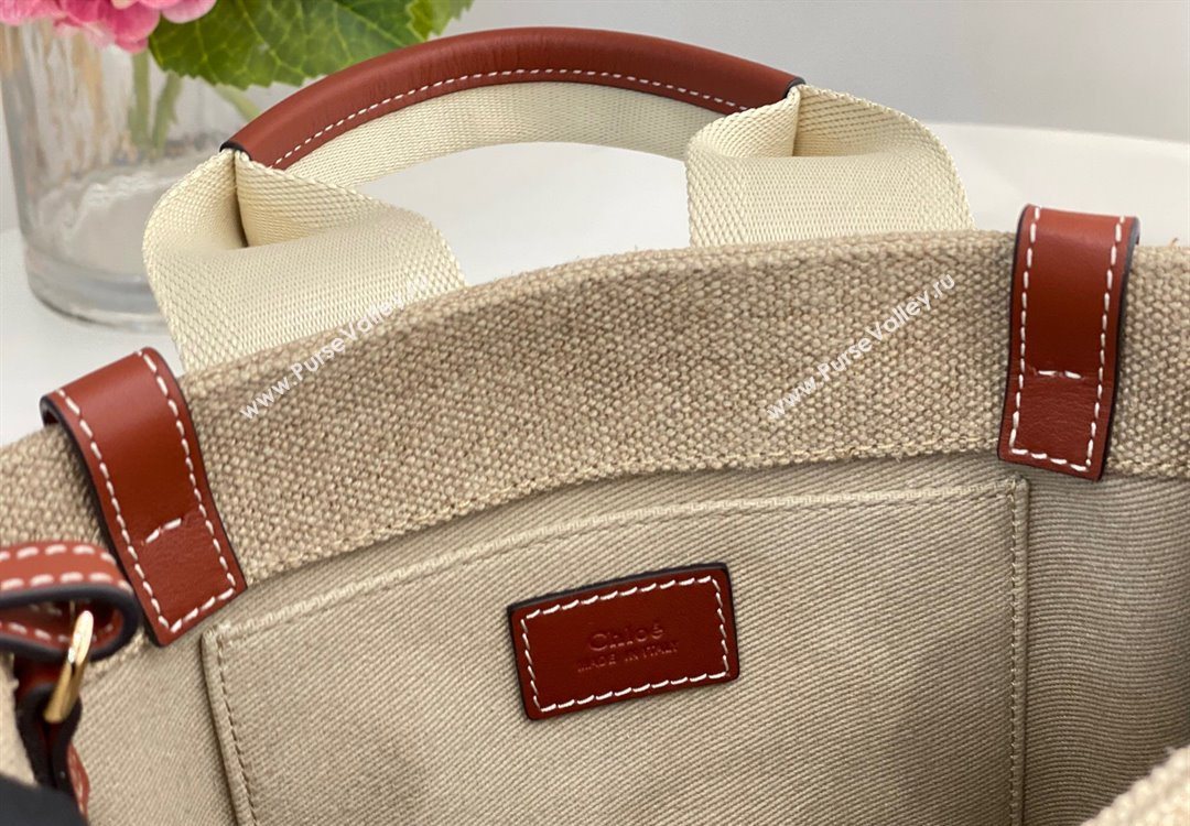 Chloe Small Woody Tote Bag in Linen Canvas and Calfskin Leather Brown 2025 1120 (DLA-251120091)