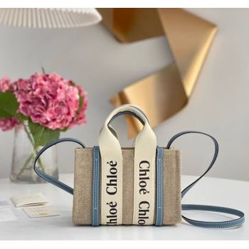 Chloe Mini Woody Tote Bag in Linen Canvas and Calfskin Leather Denim Blue 2025 1120 (DLA-251120093)