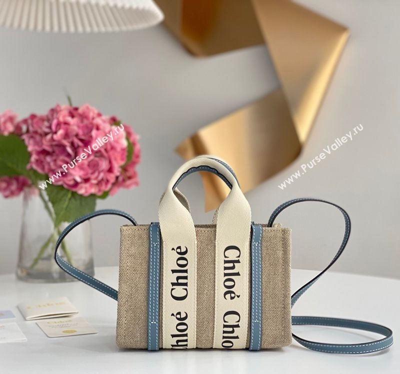 Chloe Mini Woody Tote Bag in Linen Canvas and Calfskin Leather Denim Blue 2025 1120 (DLA-251120093)