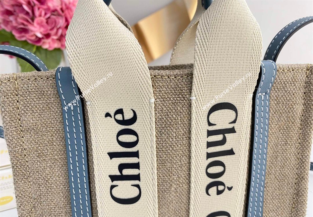 Chloe Mini Woody Tote Bag in Linen Canvas and Calfskin Leather Denim Blue 2025 1120 (DLA-251120093)